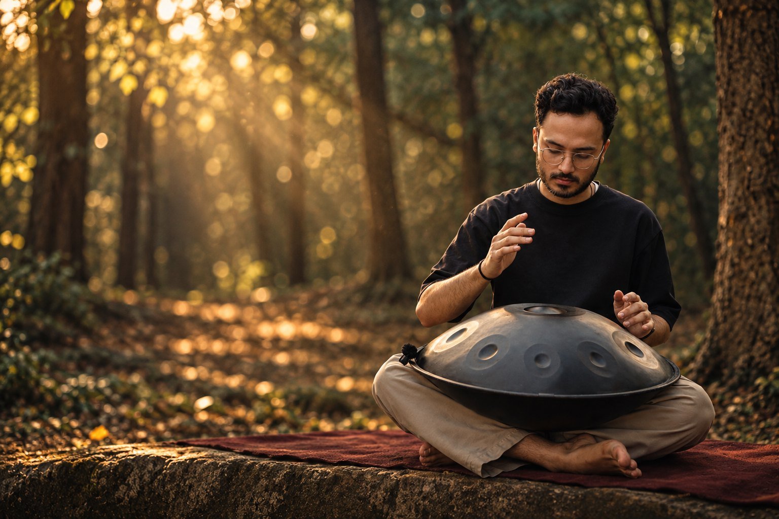 Shashank playing a handpan in a sunlit forest